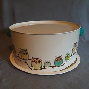 Tin Metal Painted Cake Cupcake Holder Cover Cream Teal With MCM Style Owls
